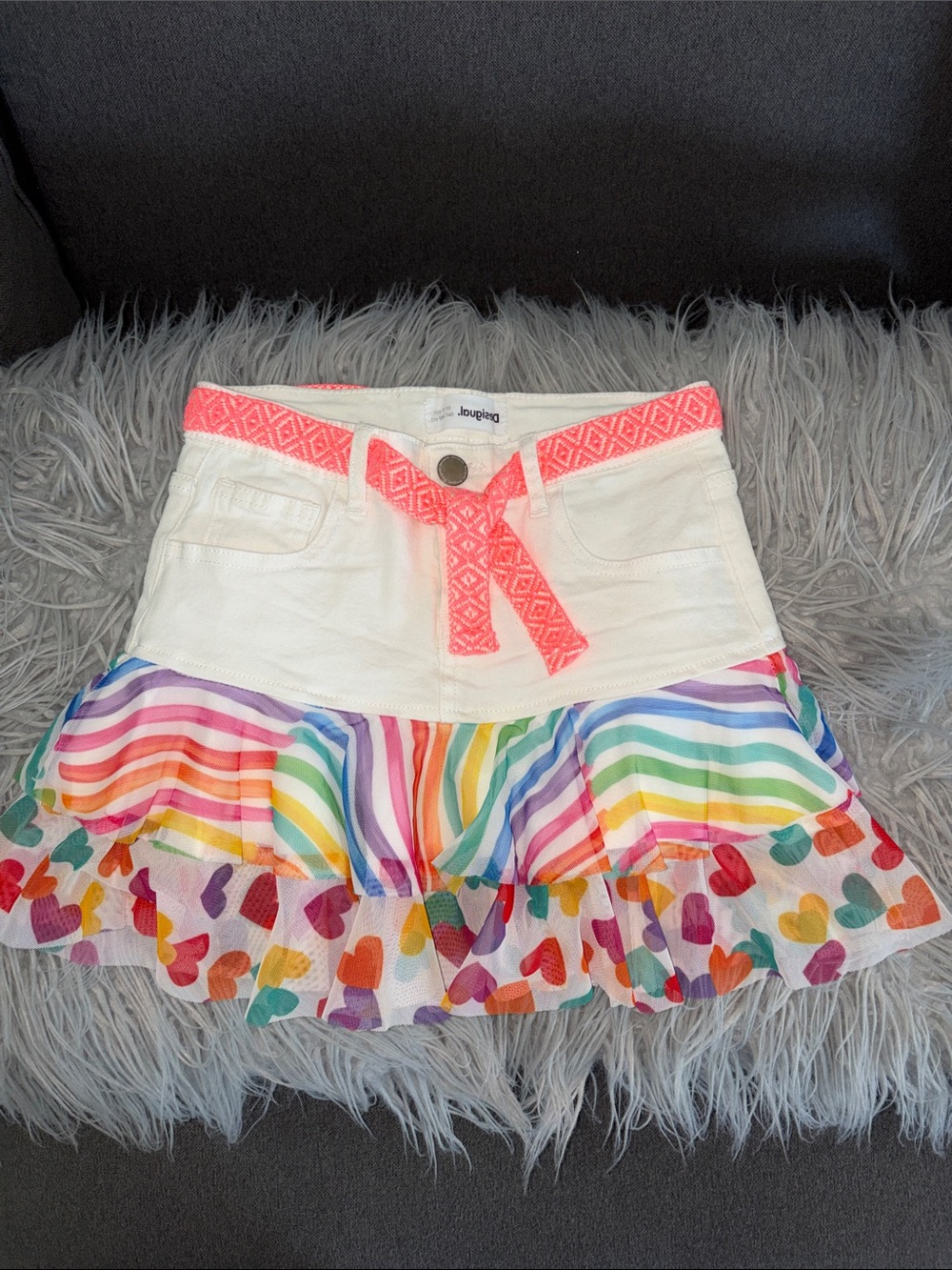 Desigual White Skirt with Rainbow Stripes, Hearts & Pink belt